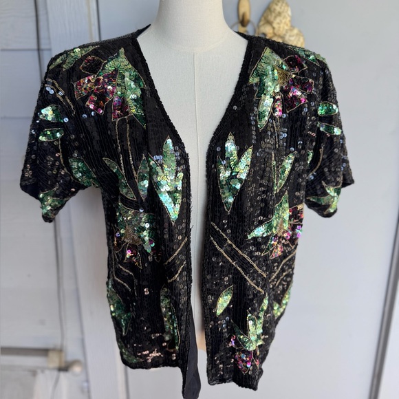 Jewel Queen Sweaters - Vintage Black Sequin Silk Cardigan with Green Floral Sequin Accents